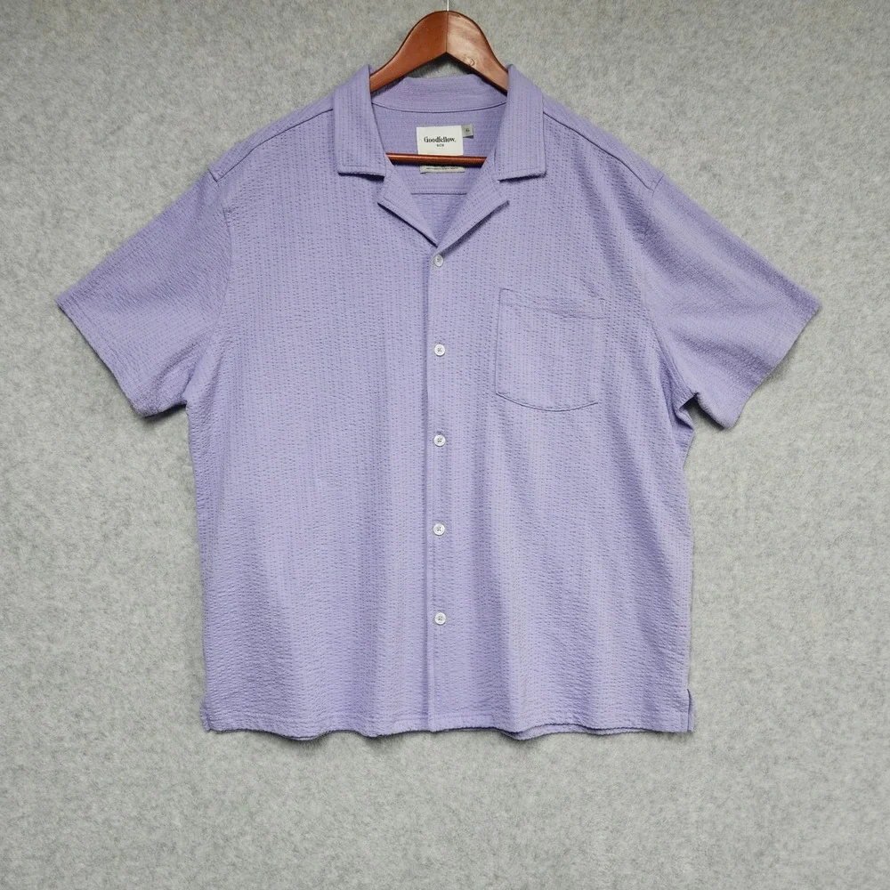 Goodfellow & Co Shirt Men XL Purple Seersucker Short Sleeve Camp Collar Casual